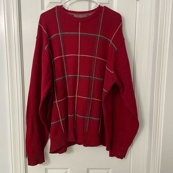 Oscar de la Renta Red Plaid Knit Sweater Men’s XXL 100% Cotton Vintage Style Pul - Picture 1 of 7